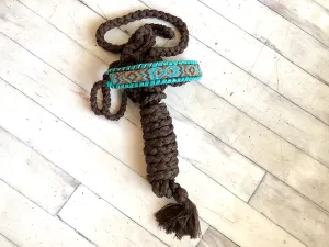 Teal and Brown Beaded Design on Brown Nylon Muletape