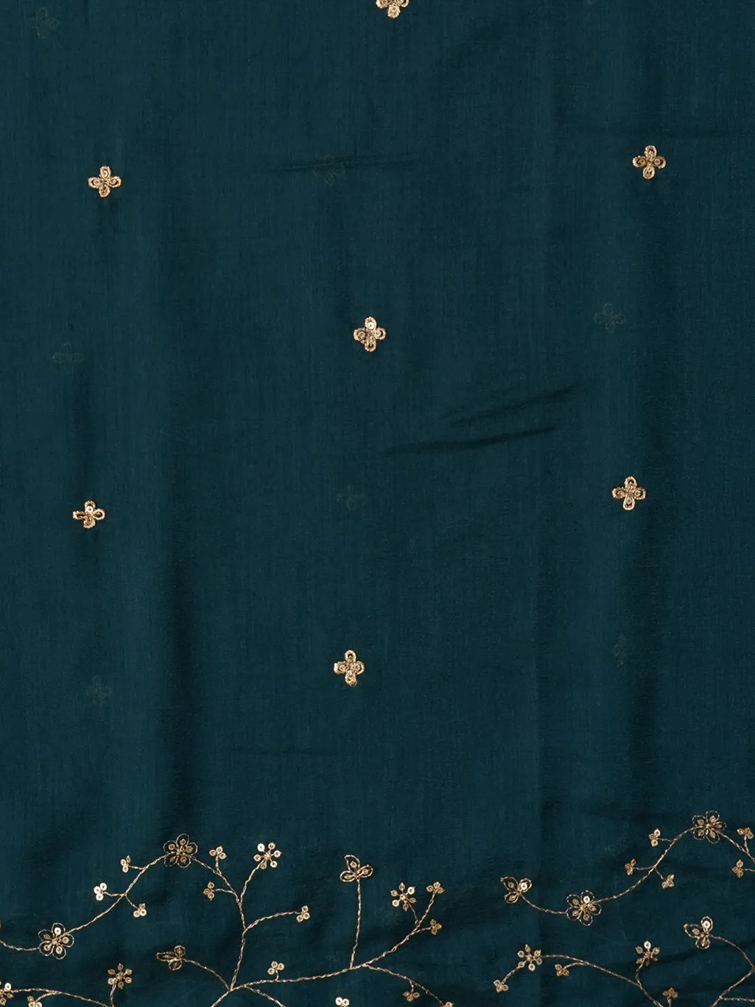 Teal Unstitched Embroidered Cotton Blend Dress Material With Dupatta