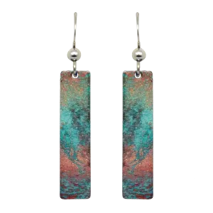 Turquoise Patina 2" Metallic Slender Rectangle Earrings