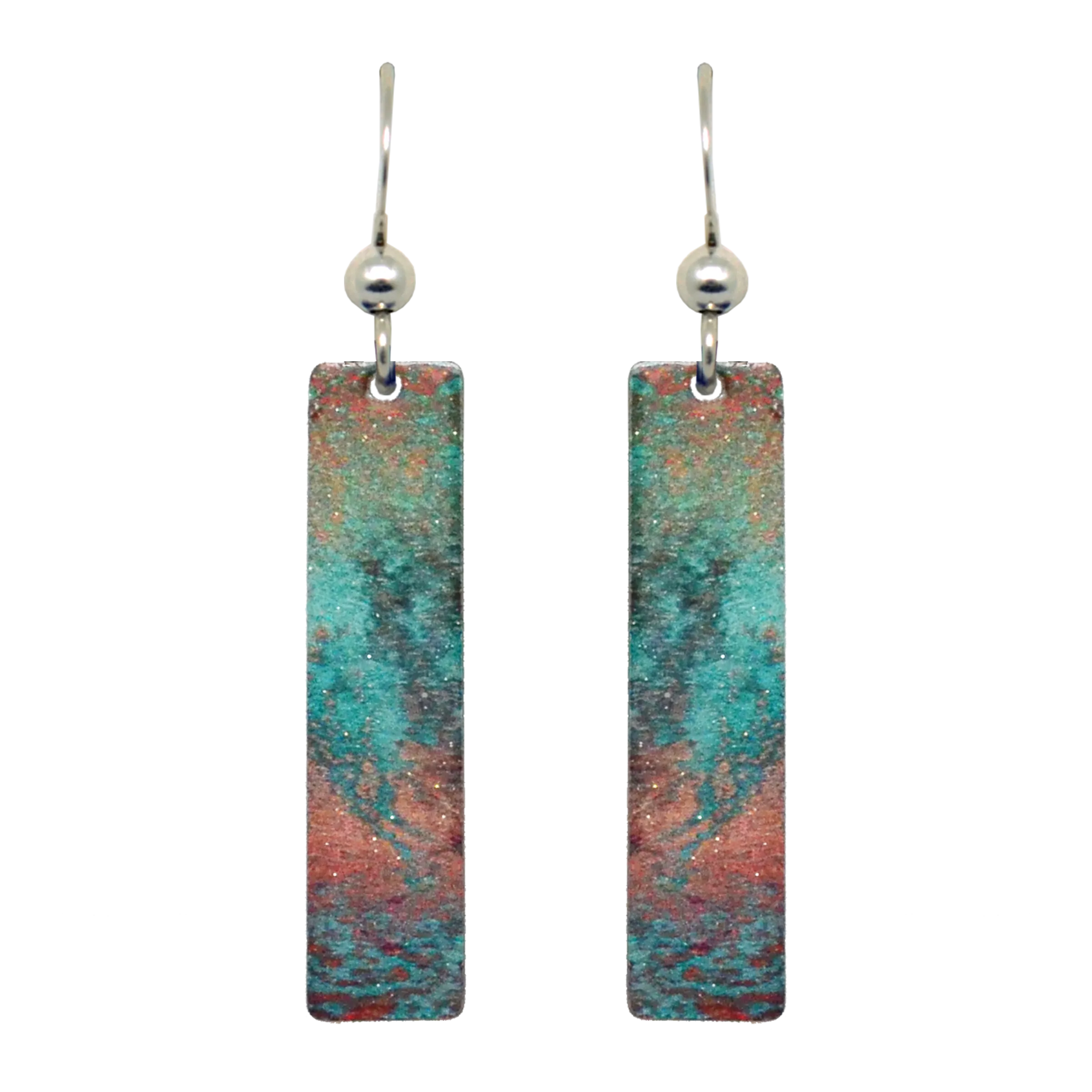 Turquoise Patina 2" Metallic Slender Rectangle Earrings