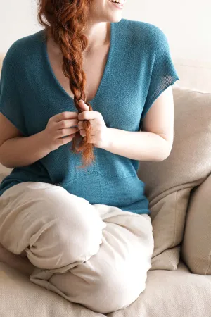 Turquoise V neck Cross knit top with short sleeves