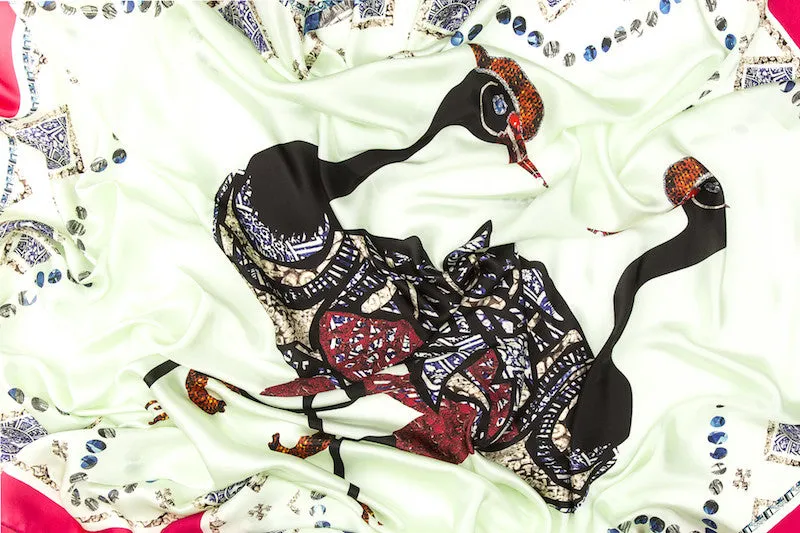 Two Birds White Silk Satin Scarf