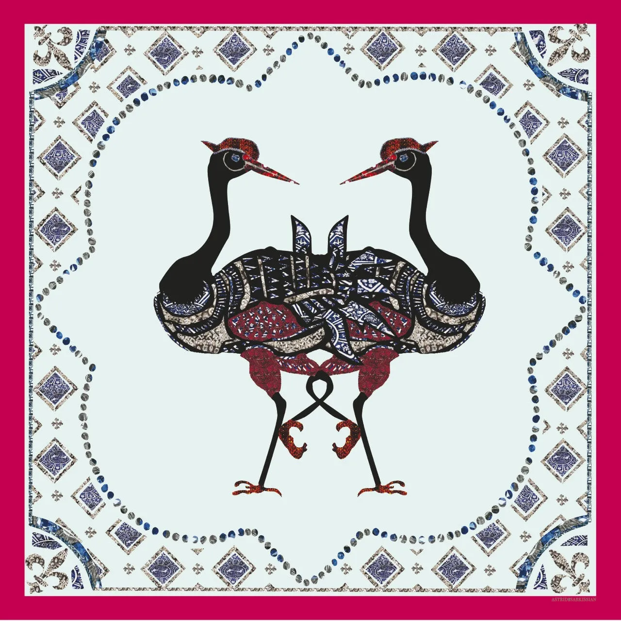 Two Birds White Silk Satin Scarf