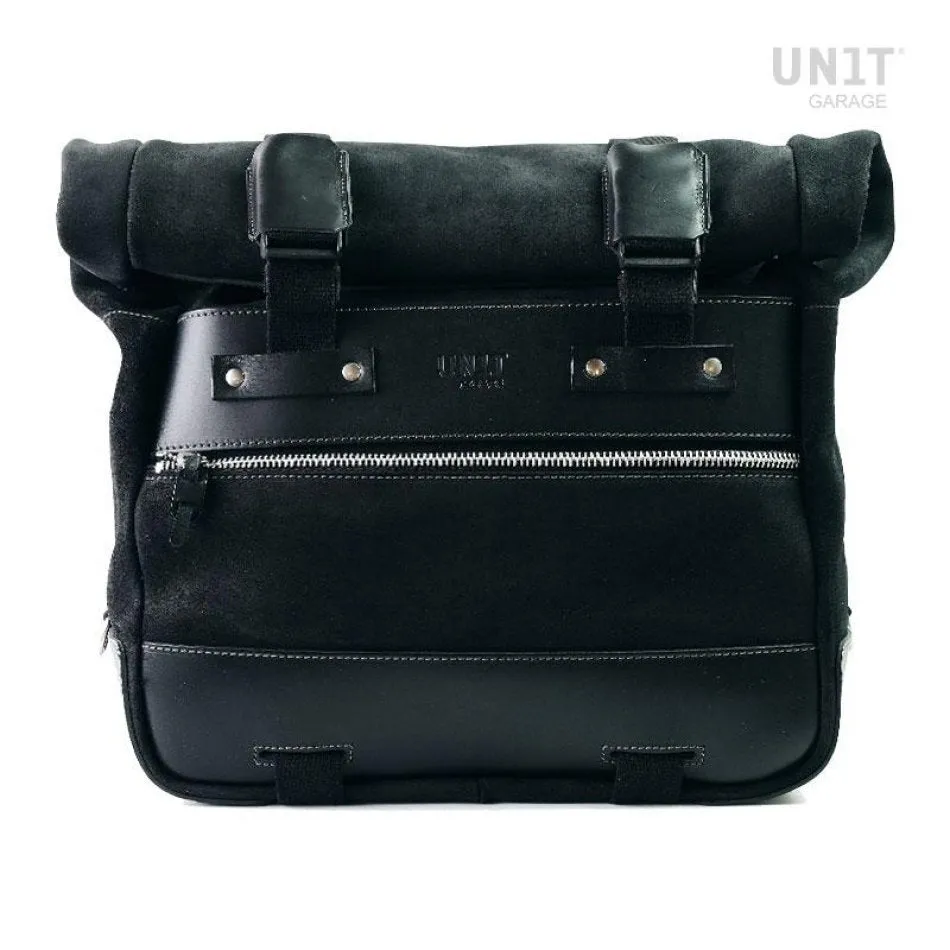 UNIT GARAGE CULT SIDE PANNIER IN WAXED SUEDE W/ ALUMINUM BACK PLATE   STAINLESS STEEL QRS & LOCK   RT SUBFRAME NINET FOR ATLAS PANNIER