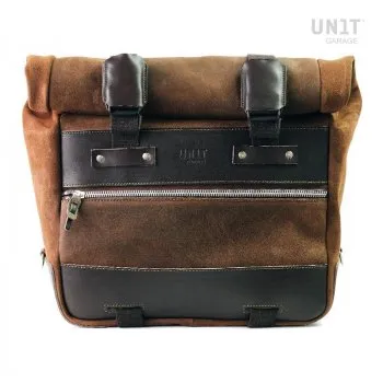 UNIT GARAGE CULT SIDE PANNIER IN WAXED SUEDE W/ ALUMINUM BACK PLATE   STAINLESS STEEL QRS & LOCK   RT SUBFRAME NINET FOR ATLAS PANNIER