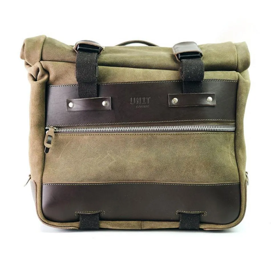 UNIT GARAGE CULT SIDE PANNIER IN WAXED SUEDE W/ ALUMINUM BACK PLATE   STAINLESS STEEL QRS & LOCK   RT SUBFRAME NINET FOR ATLAS PANNIER