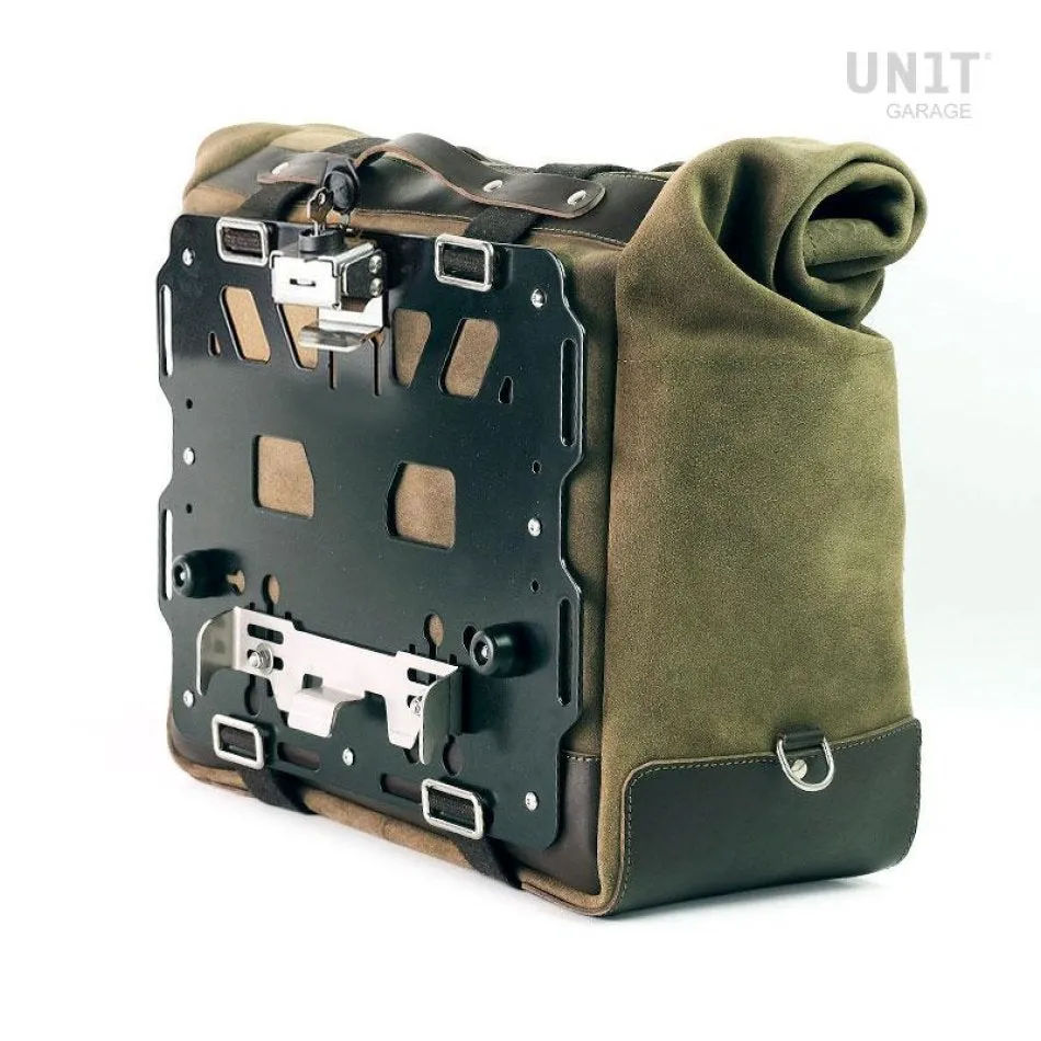 UNIT GARAGE CULT SIDE PANNIER IN WAXED SUEDE W/ ALUMINUM BACK PLATE   STAINLESS STEEL QRS & LOCK   RT SUBFRAME NINET FOR ATLAS PANNIER