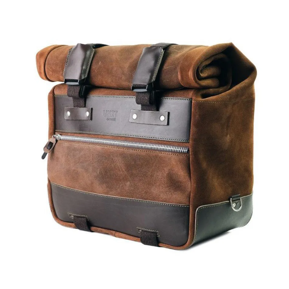 UNIT GARAGE CULT SIDE PANNIER IN WAXED SUEDE W/ ALUMINUM BACK PLATE   STAINLESS STEEL QRS & LOCK   RT SUBFRAME NINET FOR ATLAS PANNIER
