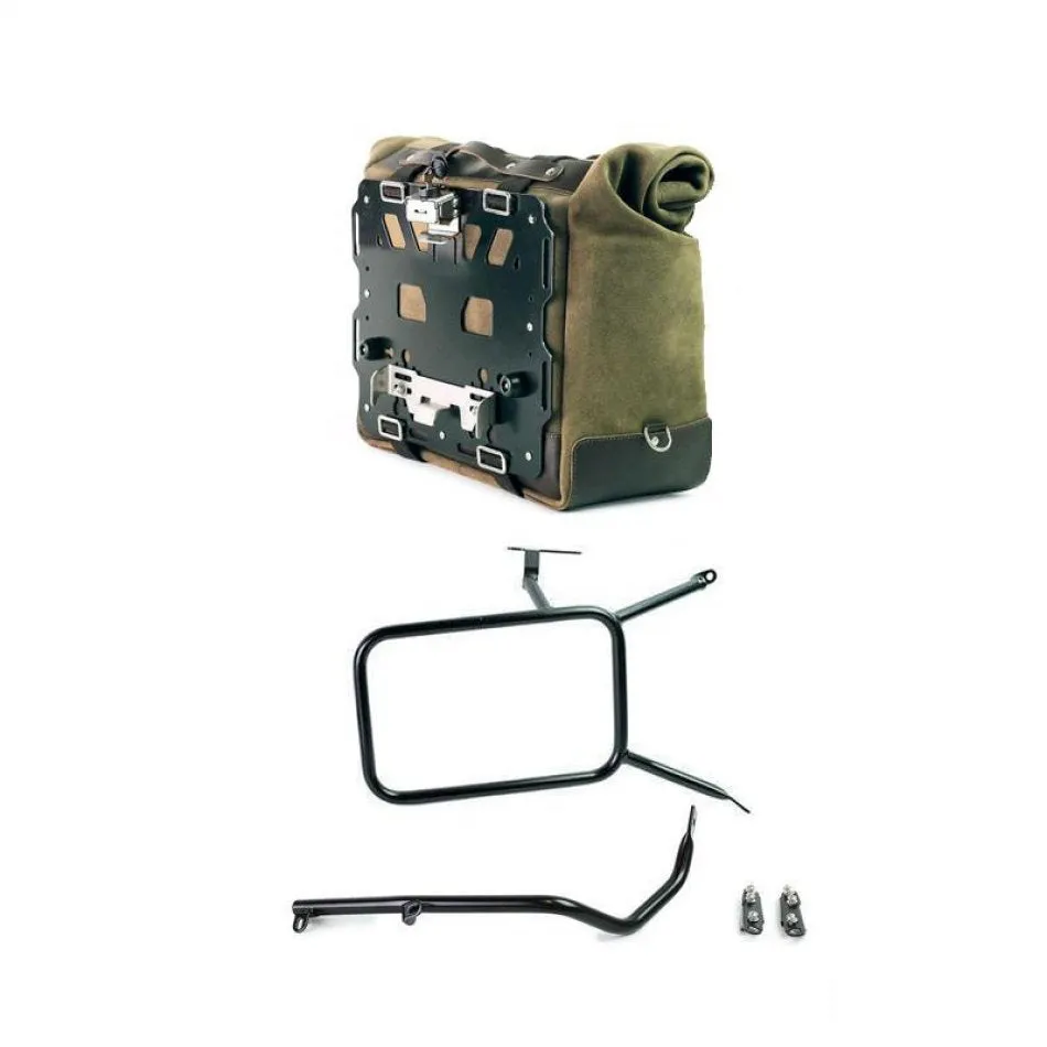 UNIT GARAGE CULT SIDE PANNIER IN WAXED SUEDE W/ ALUMINUM BACK PLATE   STAINLESS STEEL QRS & LOCK   RT SUBFRAME NINET FOR ATLAS PANNIER