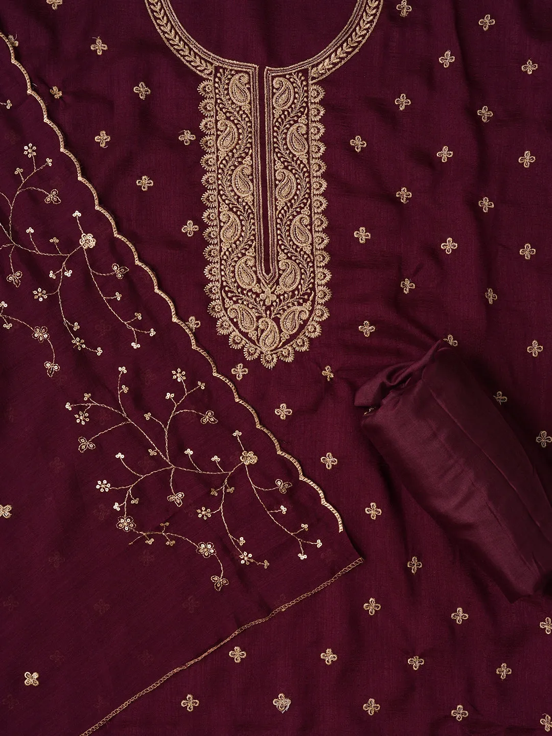 Unstitched Embroidered Cotton Blend Dress Material With Dupatta