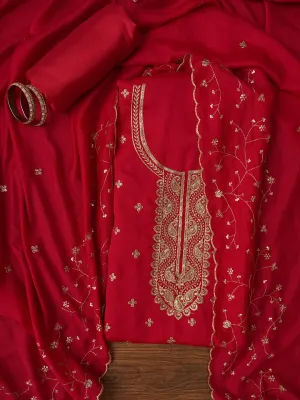 Unstitched Embroidered Pink Cotton Blend Dress Material With Dupatta