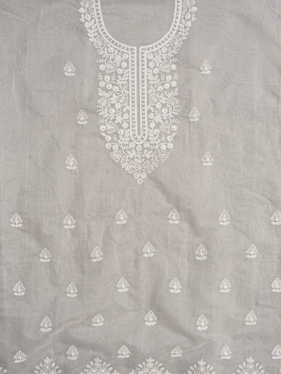 Unstitched Grey Embroidered Cotton Blend Dress Material With Dupatta