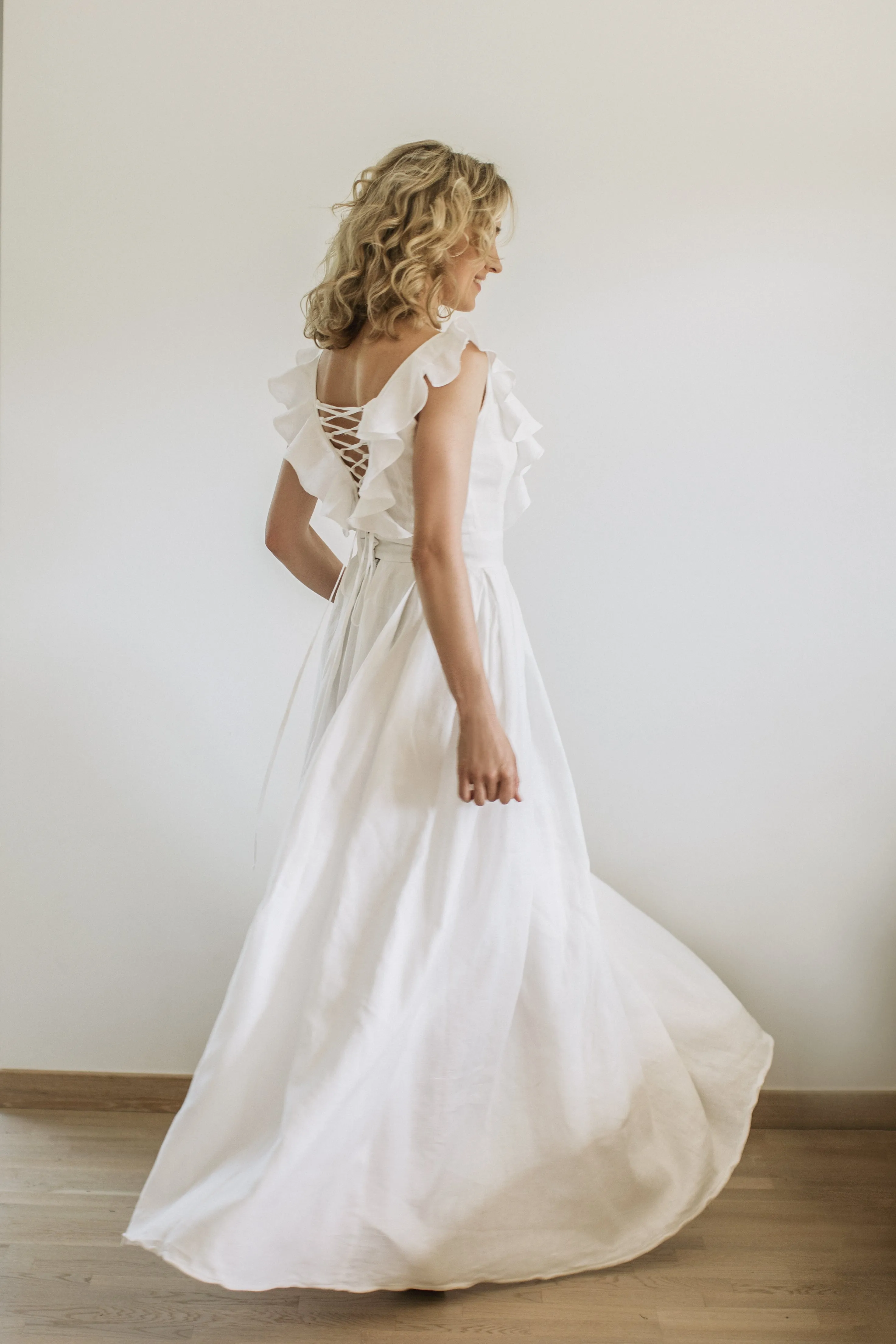 V-Back Linen Wedding Dress