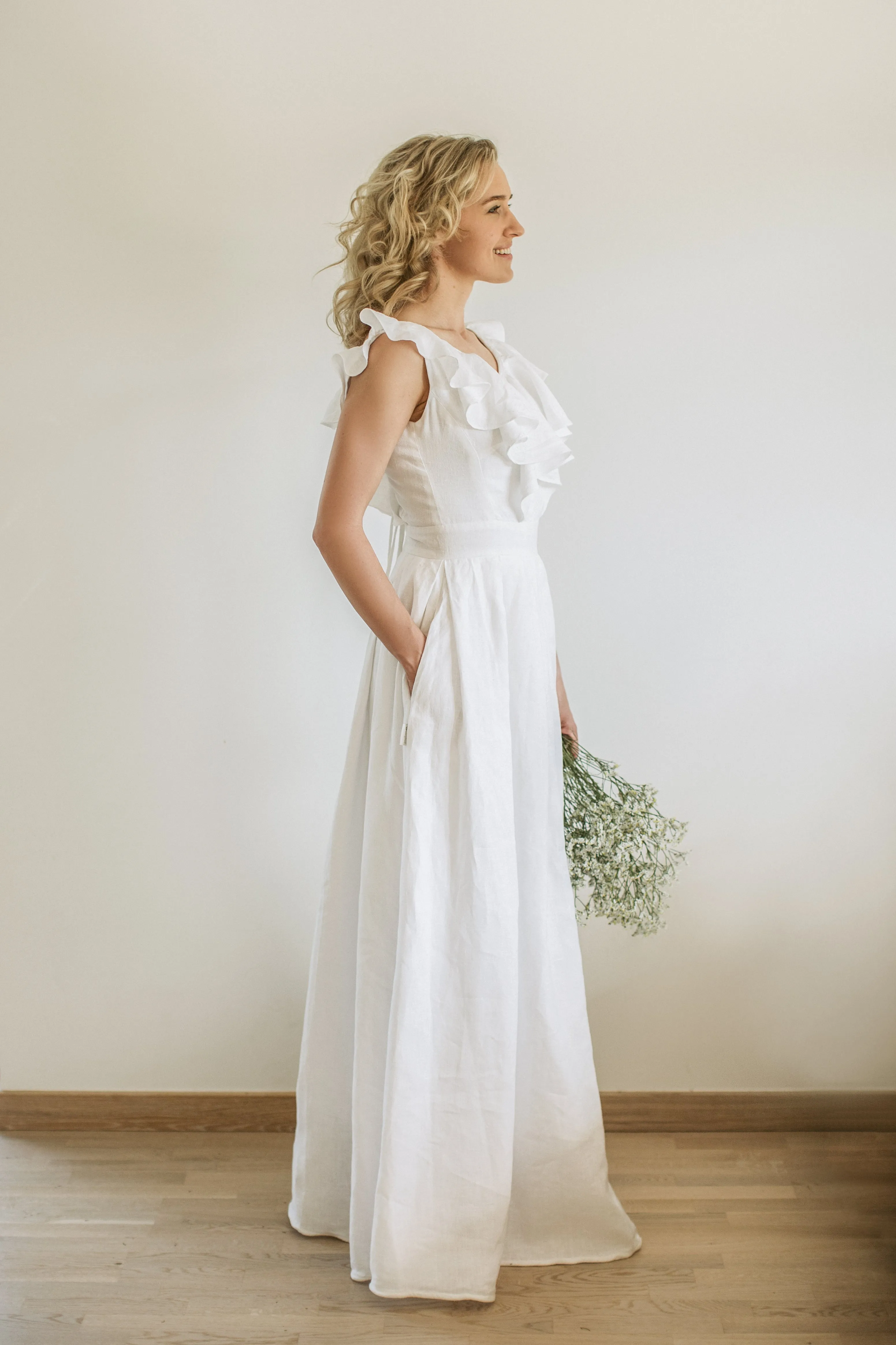 V-Back Linen Wedding Dress