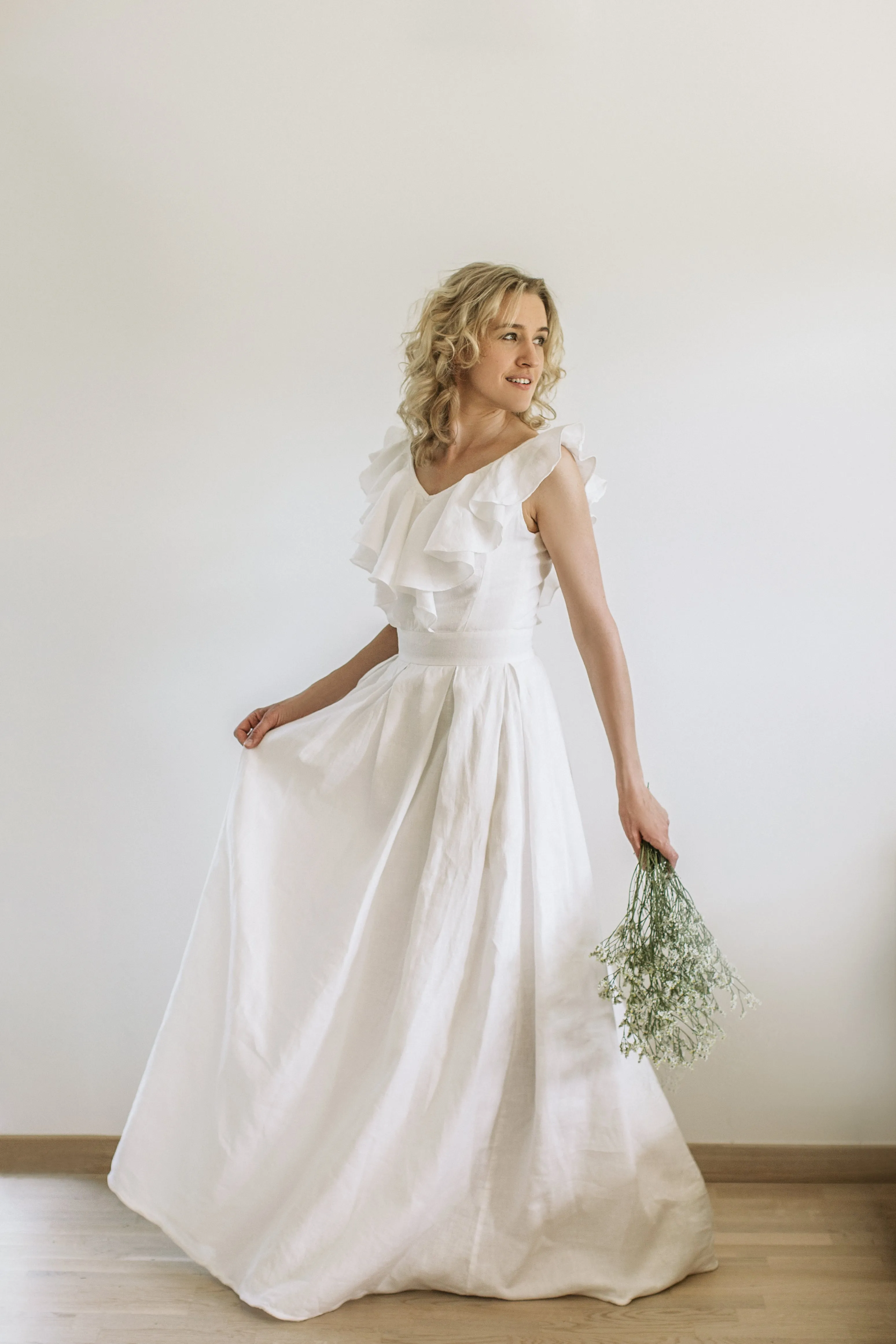 V-Back Linen Wedding Dress