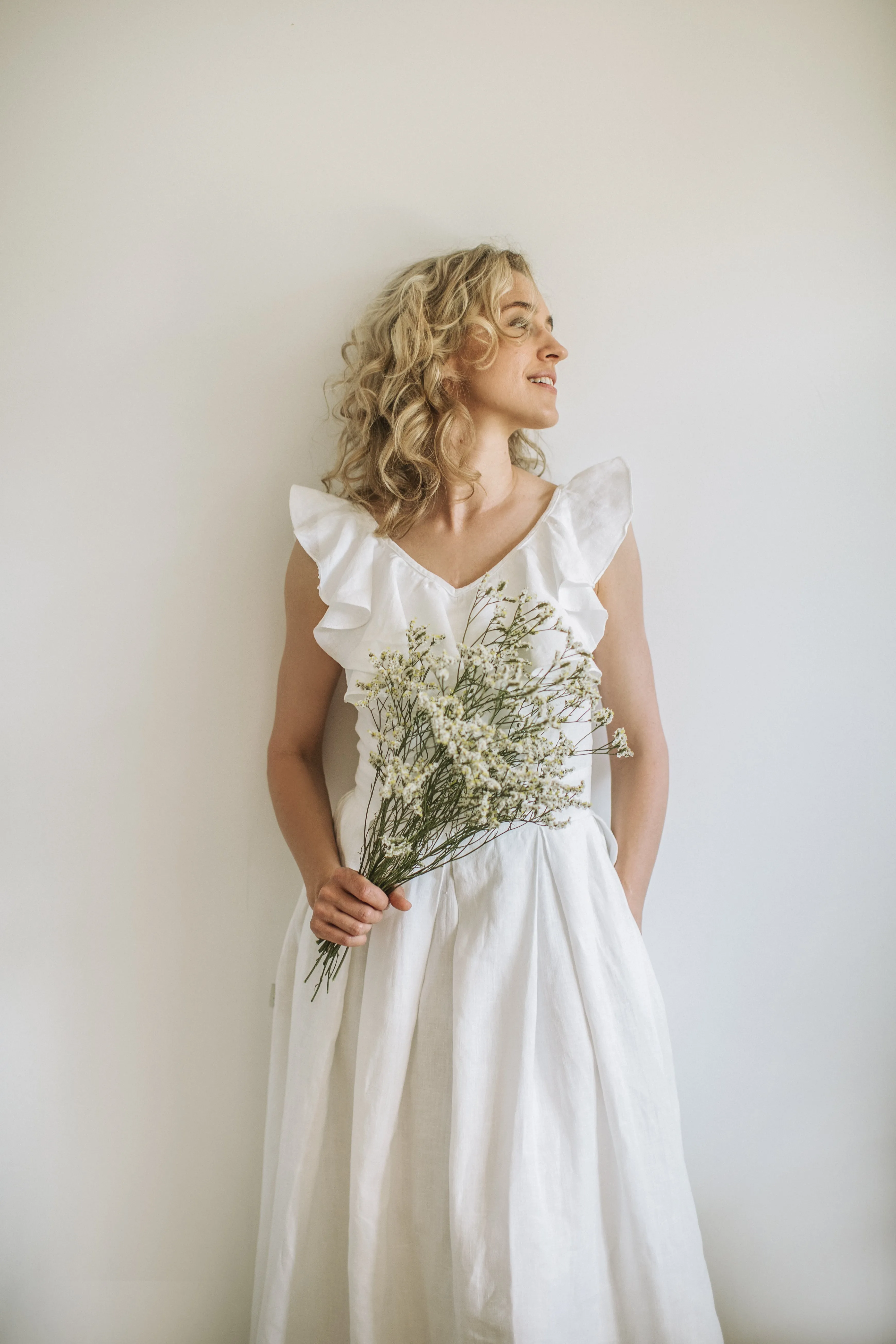 V-Back Linen Wedding Dress