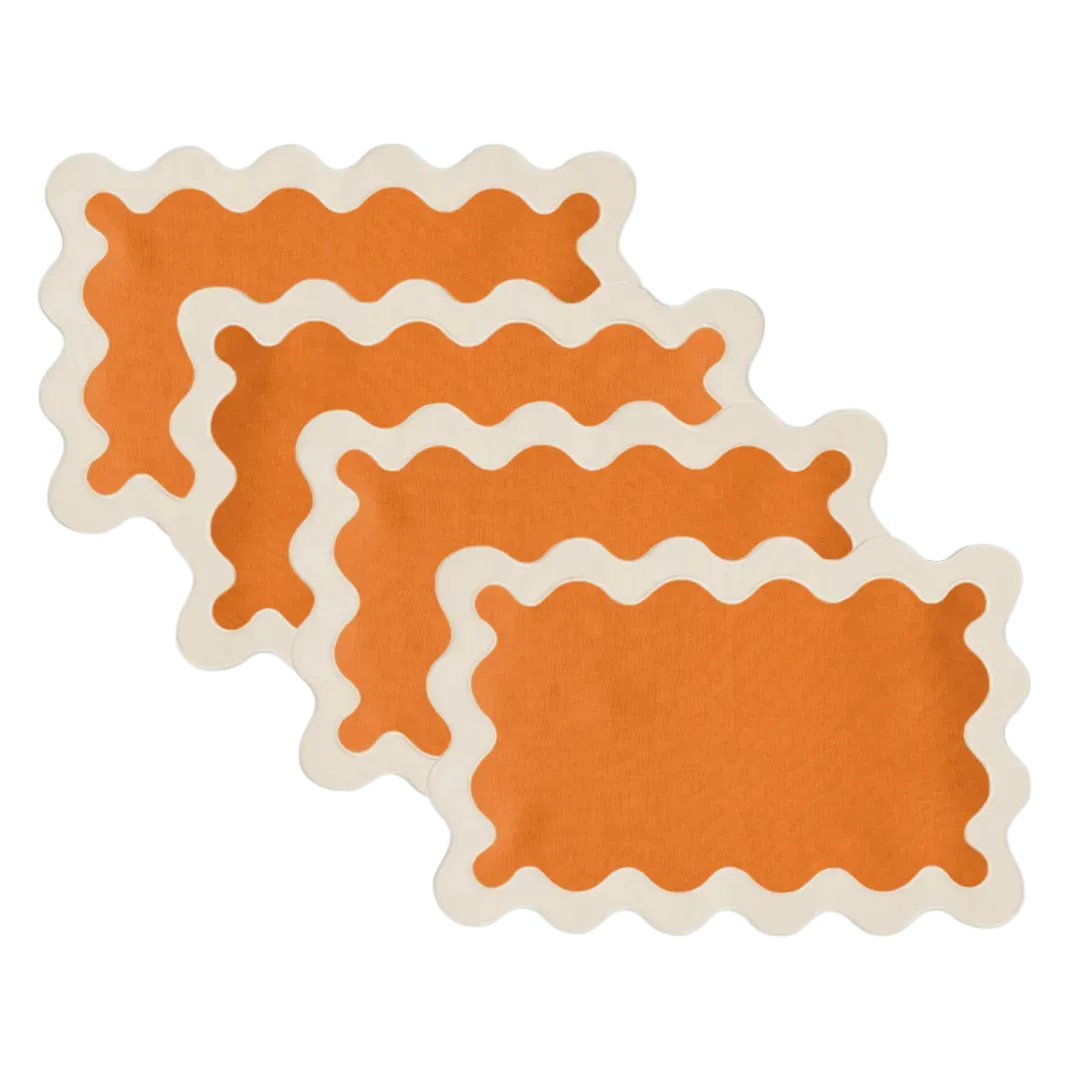 White and Orange 100% Linen Scallop Placemats - Set of 4