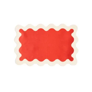 White and Red 100% Linen Scallop Placemats - Set of 4