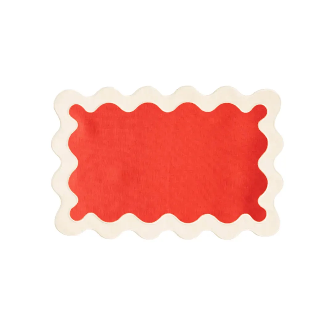 White and Red 100% Linen Scallop Placemats - Set of 4