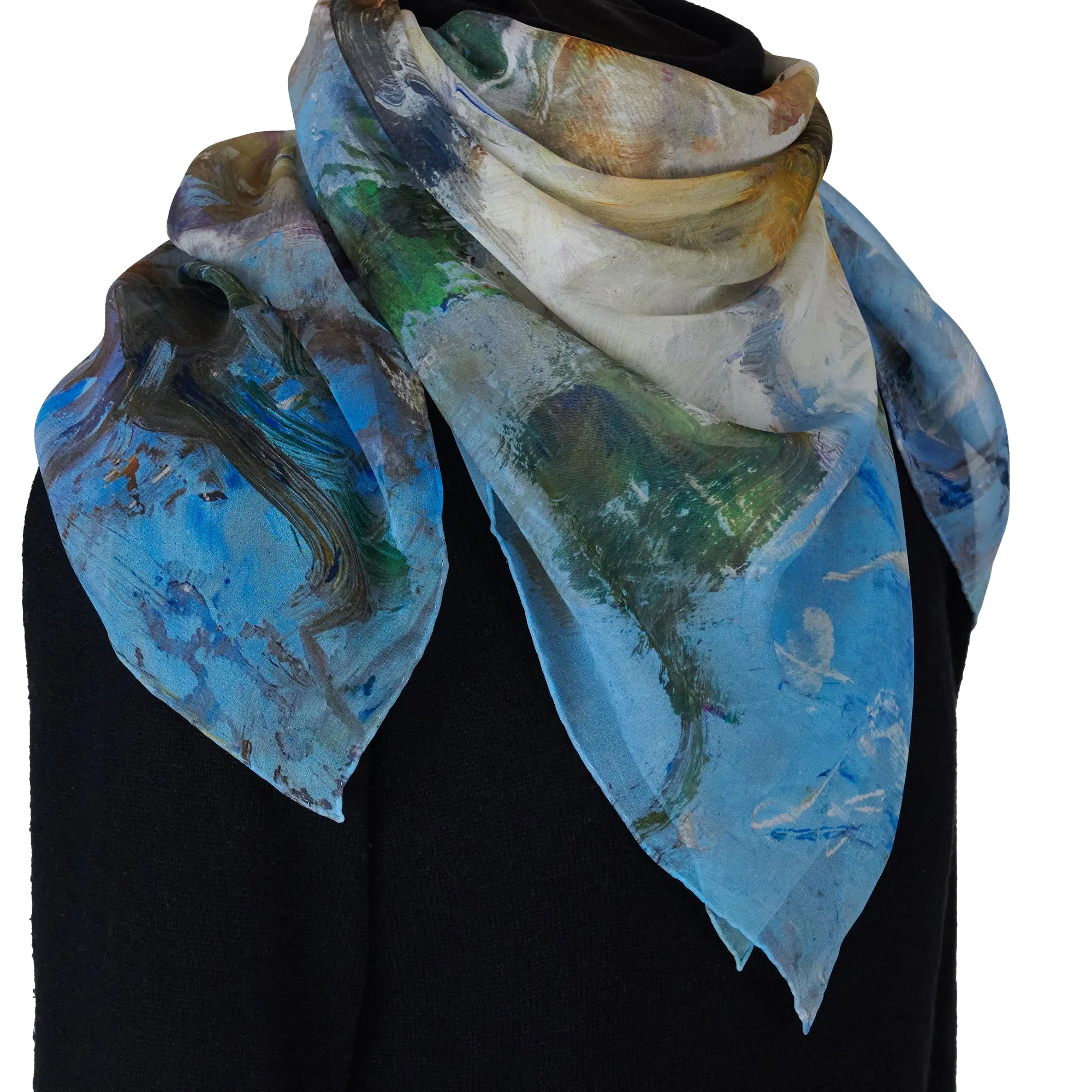 White Magnolias, 35-inch Square Italian Silk Scarf, Silk Georgette