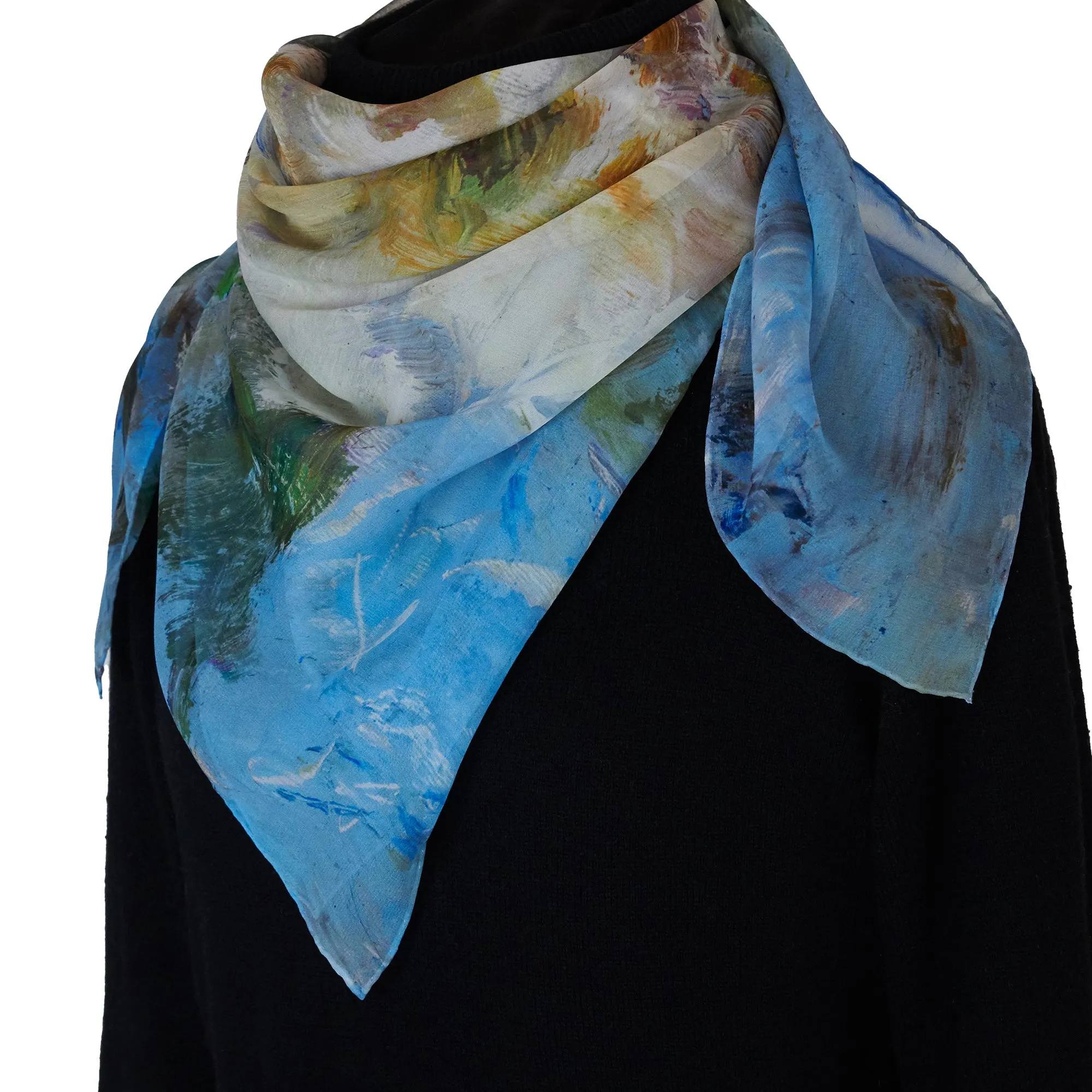 White Magnolias, 35-inch Square Italian Silk Scarf, Silk Georgette
