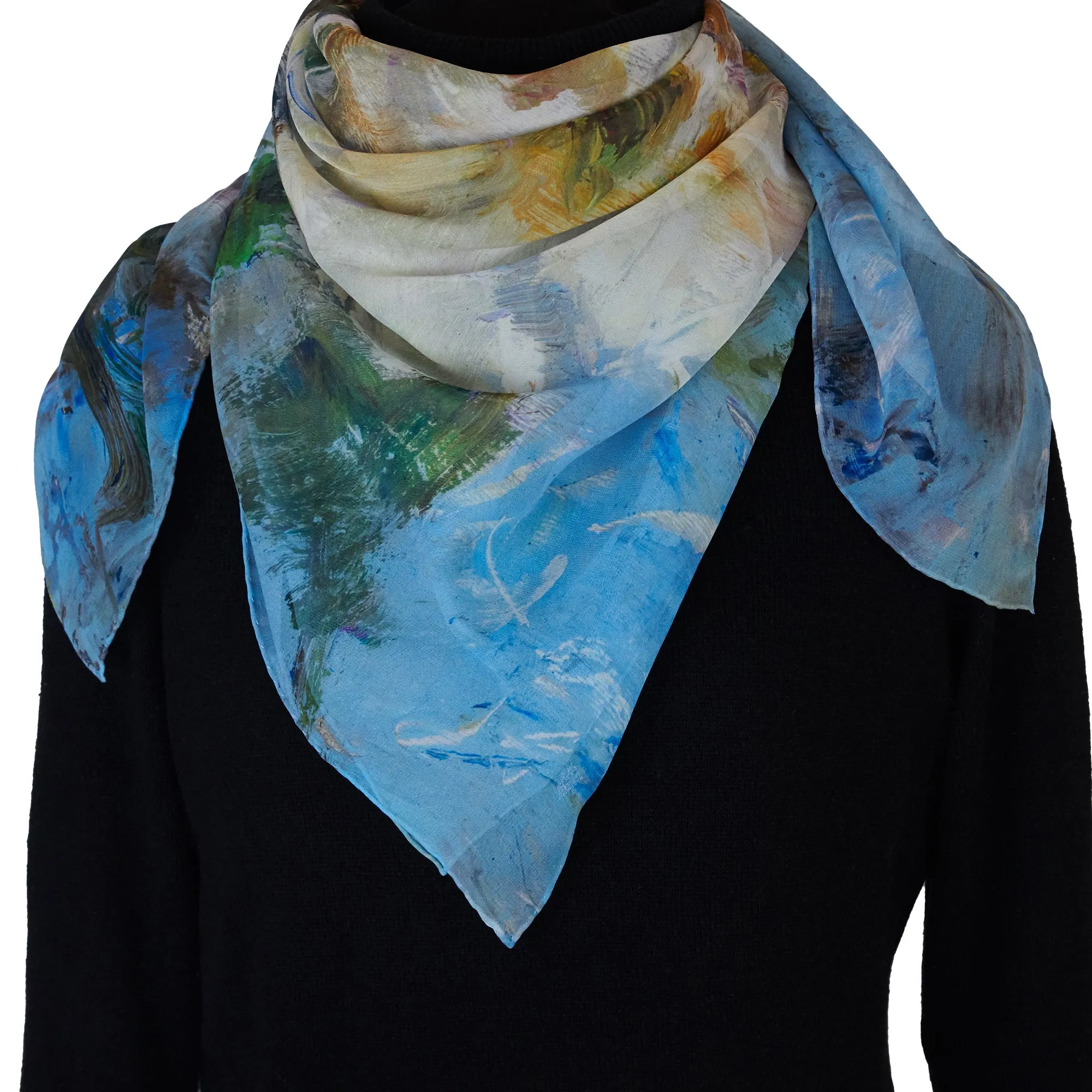 White Magnolias, 35-inch Square Italian Silk Scarf, Silk Georgette