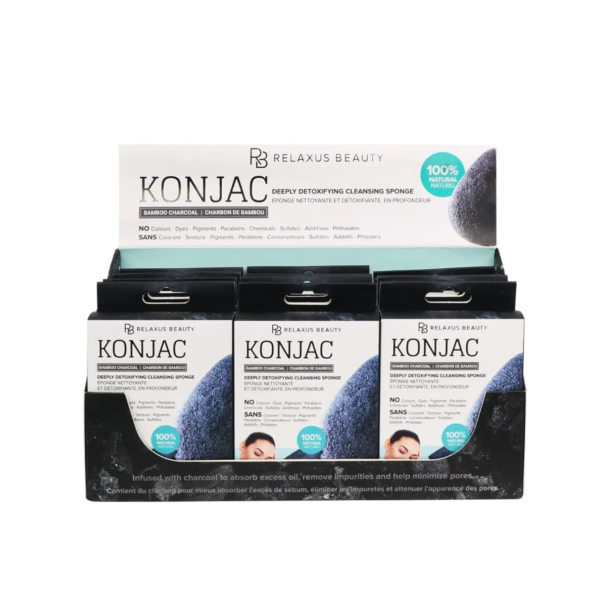 Wholesale Bamboo Charcoal Konjac Cleansing Sponge Displayer of 12