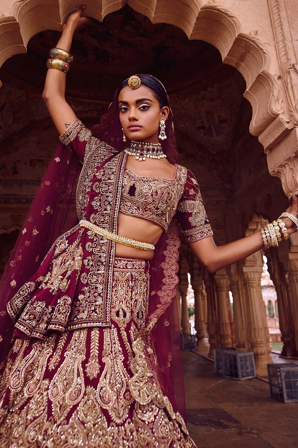 Wine Bridal Lehenga Set