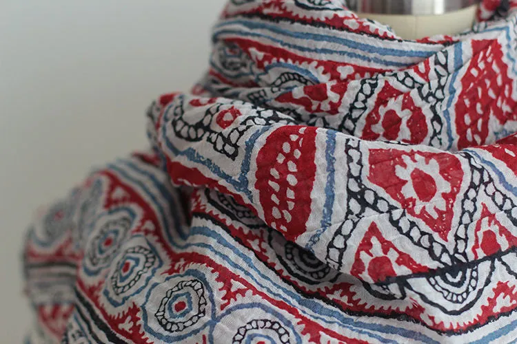 Women 100% Ramie (Similar to Linen) Oblong Tribal Print Scarf, Spring Summer Scarf