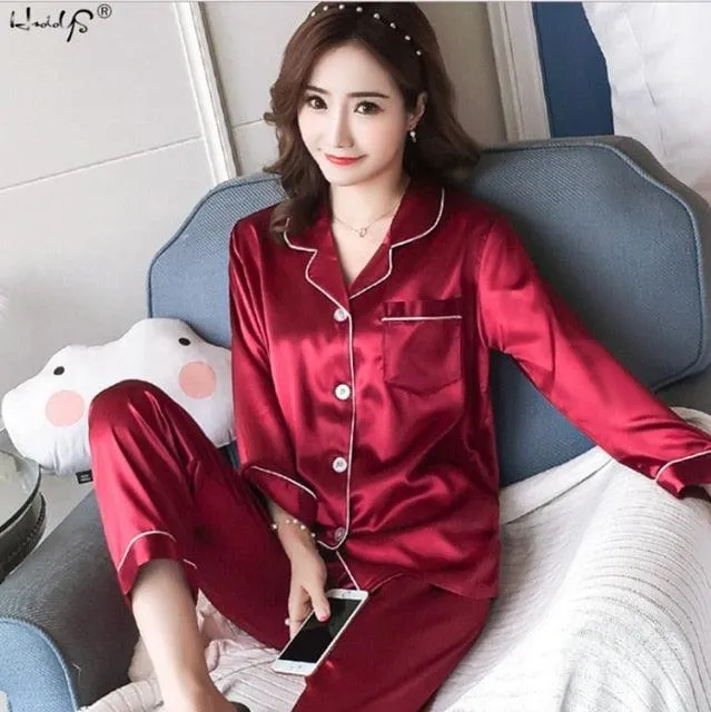 Womens Silk Satin Pajamas Pyjamas Set Sleepwear Pijama Pajamas Suit