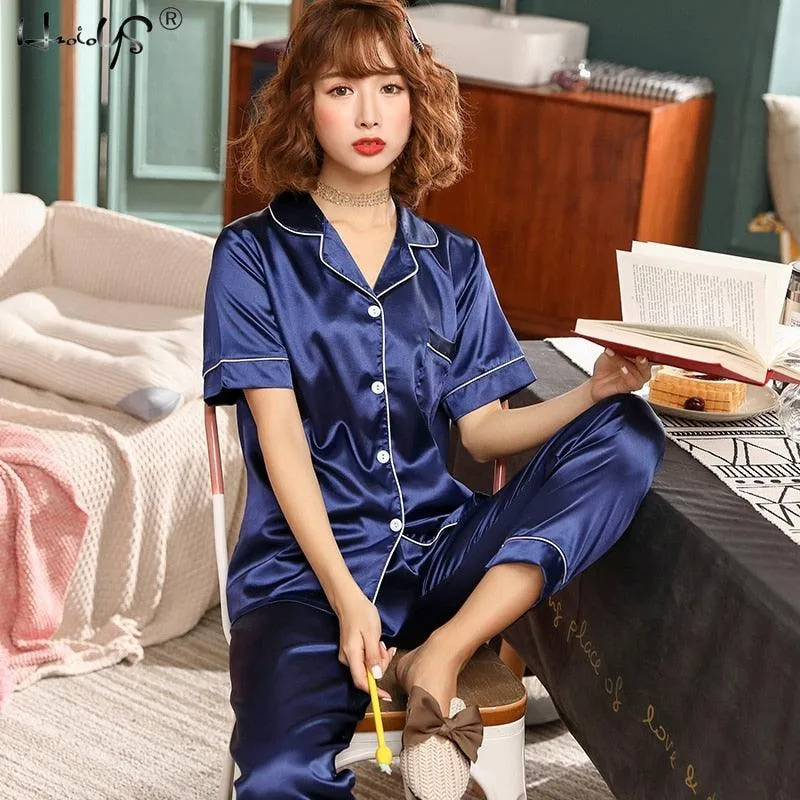 Womens Silk Satin Pajamas Pyjamas Set Sleepwear Pijama Pajamas Suit