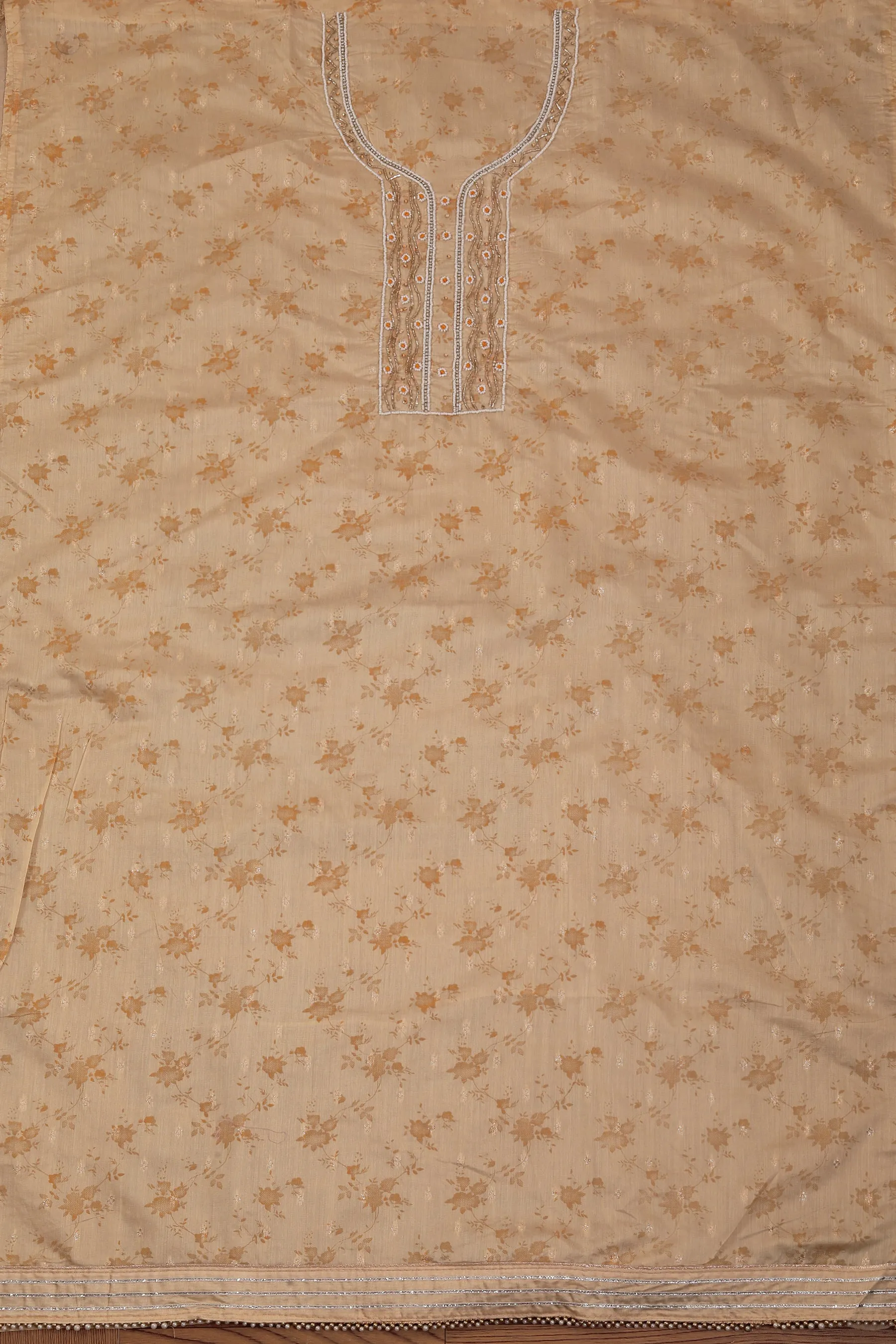 Yellow Printed Cotton Blend Embellished Dress Material with Dupatta