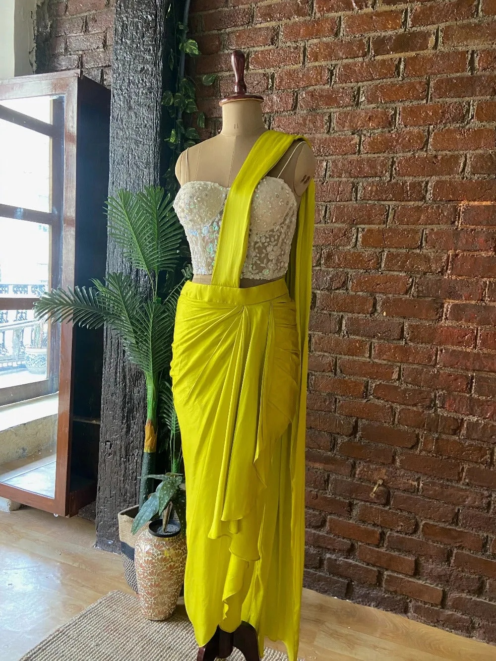 Yellow Satin Silk Draped Saree with Corset