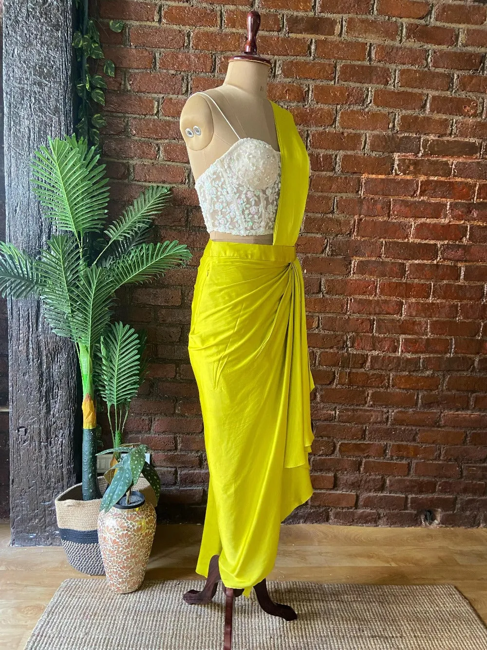 Yellow Satin Silk Draped Saree with Corset