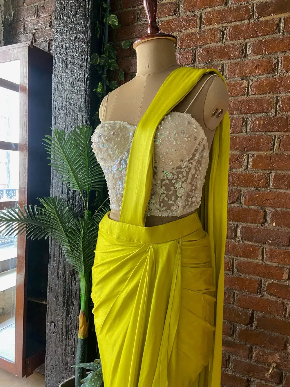 Yellow Satin Silk Draped Saree with Corset