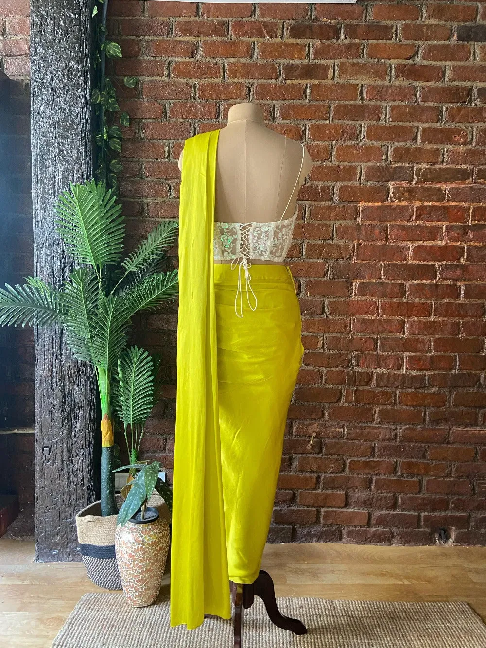 Yellow Satin Silk Draped Saree with Corset