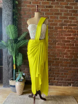 Yellow Satin Silk Draped Saree with Corset