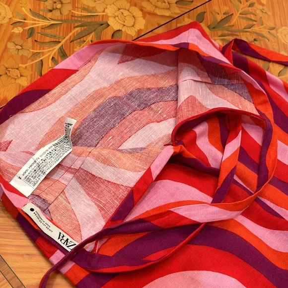 Zara linen cotton blend abstract print back slit midi skirt with ties sz.XS