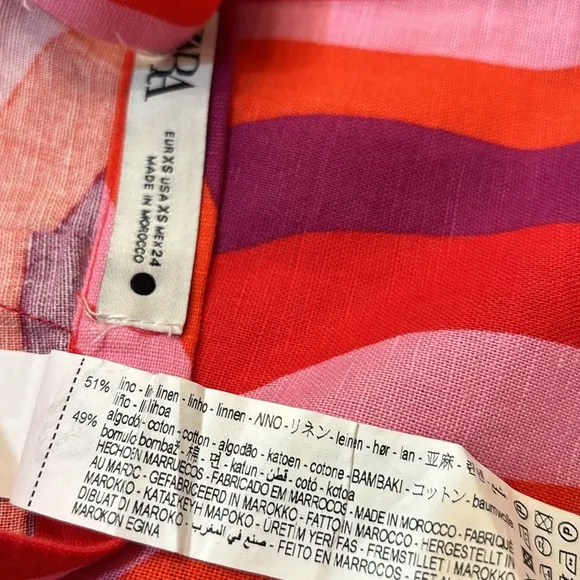 Zara linen cotton blend abstract print back slit midi skirt with ties sz.XS