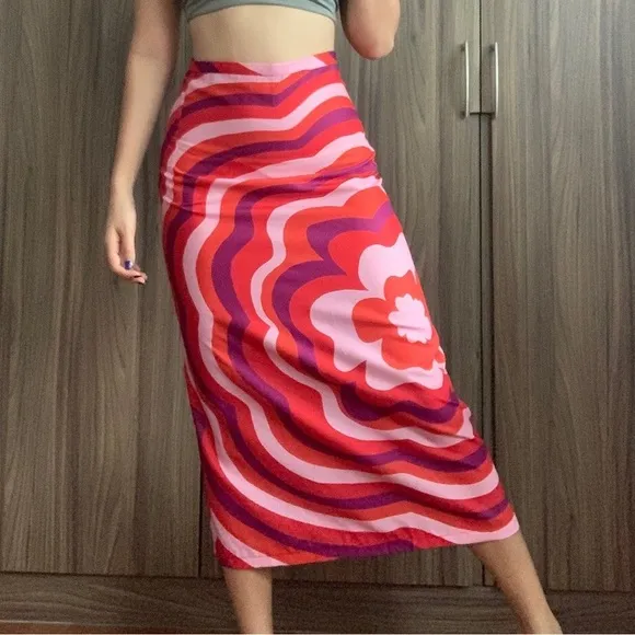 Zara linen cotton blend abstract print back slit midi skirt with ties sz.XS