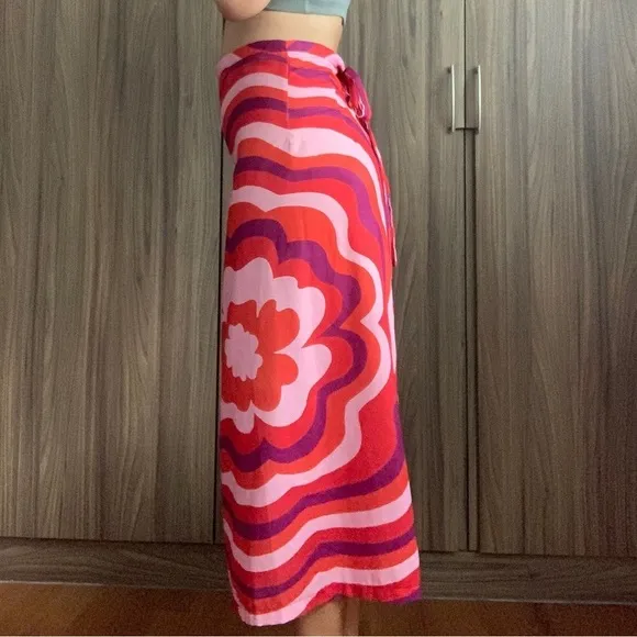 Zara linen cotton blend abstract print back slit midi skirt with ties sz.XS