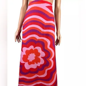 Zara linen cotton blend abstract print back slit midi skirt with ties sz.XS