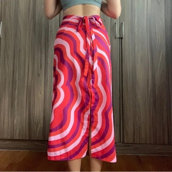 Zara linen cotton blend abstract print back slit midi skirt with ties sz.XS