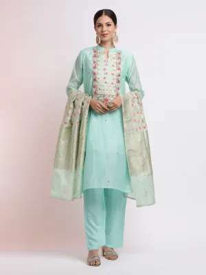 Zari Embroidered Festive Kurta Set With Dupatta