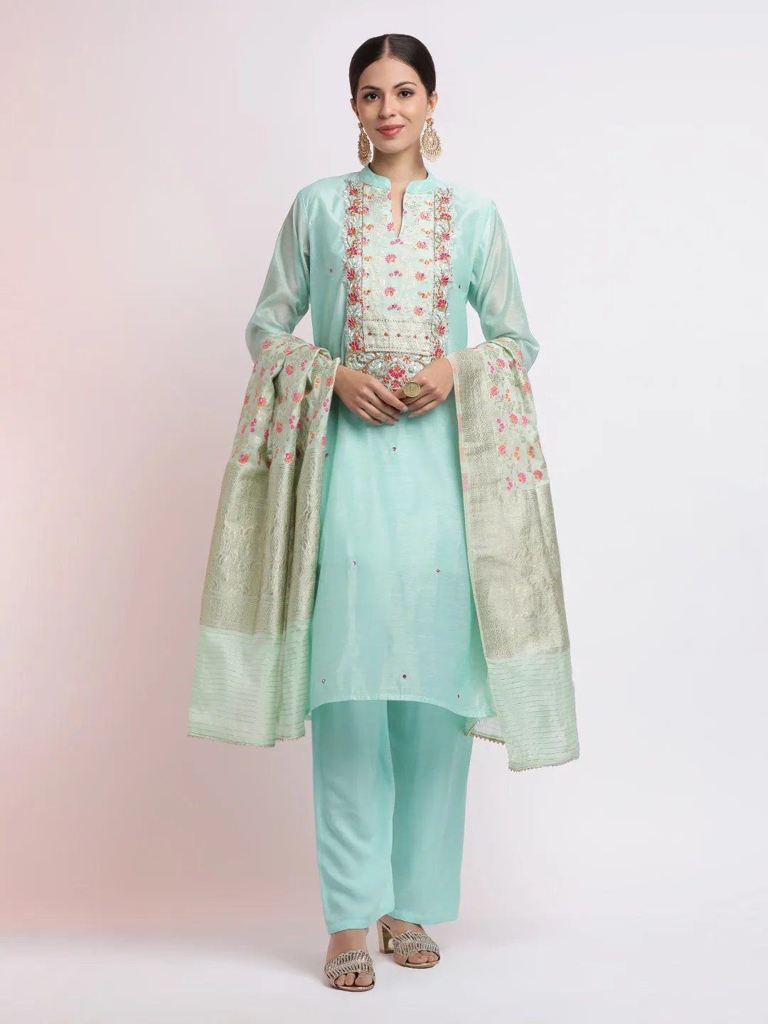 Zari Embroidered Festive Kurta Set With Dupatta